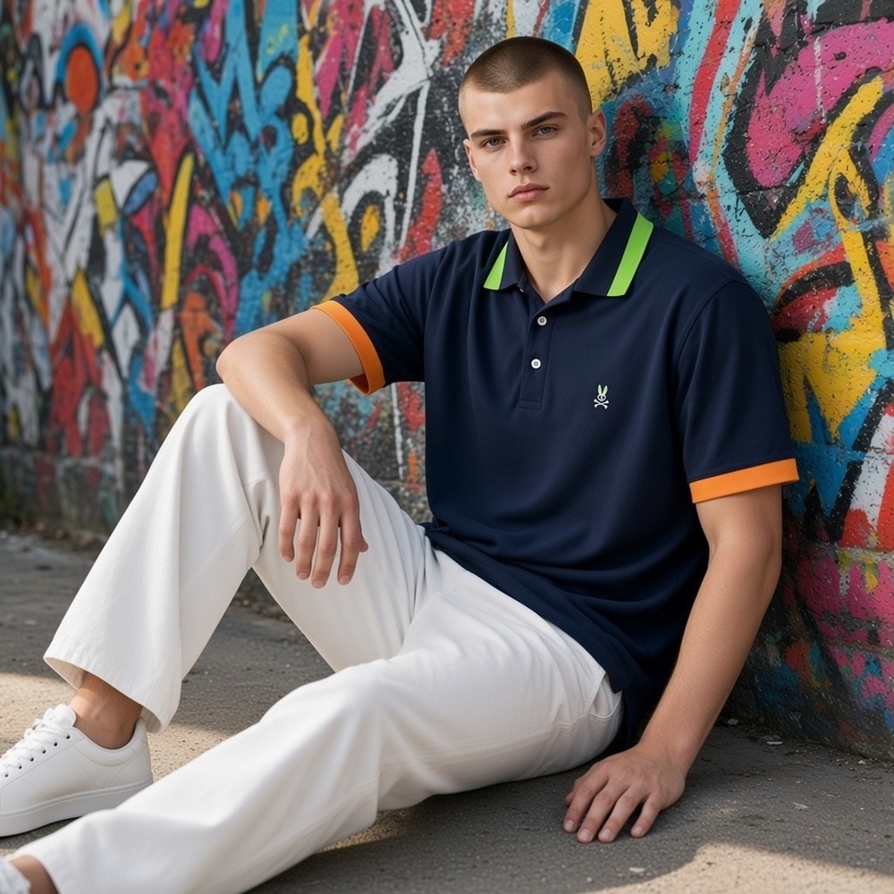 Psycho Bunny Mens Performance Polo Shirt Navy Blue Neon Green Orange Size 2XL